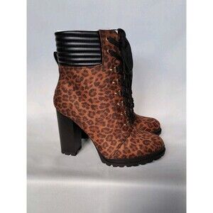 JUSTFAB SHANDEE Leopardino & Black Lace Up Boots Chunky 4.25" Heels S 9 NIB